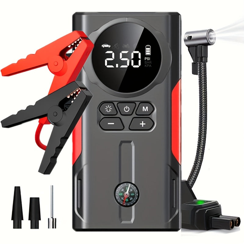 Portable Emergency Power Supply with 7 Functions, Featuring a 150PSI Digital Display. This Car Battery Charger Is Designed for 2.64-Gallon Gasoline Or 2.38-Gallon Diesel Engines, Making It an Ideal Emergency Starter for Vehicles