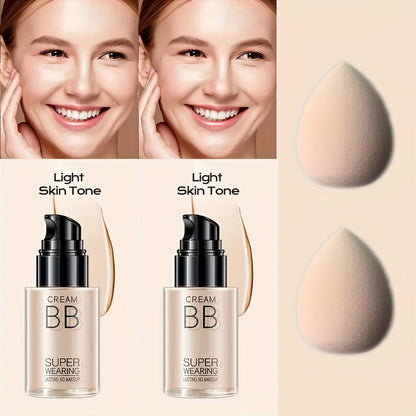 Moisturizing BB Cream Liquid Foundation Set 2-Piece with Makeup Sponge — Flawless Long-Lasting Medium Coverage Skin-Isolating Concealer for All Skin Types Women Natural & Light Beige Shades