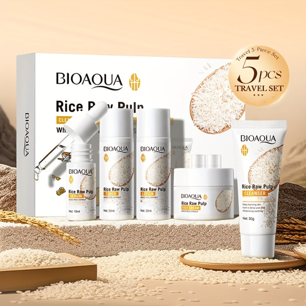 Rice Raw Pulp Skincare Set 5pcs Mini Travel Size Brightening Moisturizing Facial Care — Cleanser Toner Essence Cream Lotion for Women All Skin Types Hydrating Routine Gift