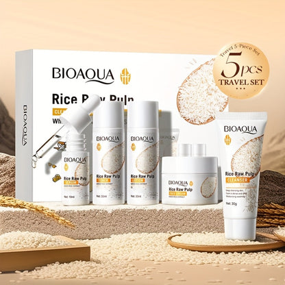Rice Raw Pulp Skincare Set 5pcs Mini Travel Size Brightening Moisturizing Facial Care — Cleanser Toner Essence Cream Lotion for Women All Skin Types Hydrating Routine Gift