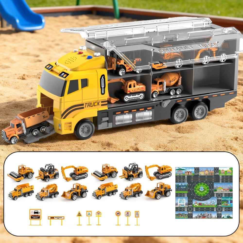 13-in-1 Construction Truck Vehicle Toy Set with Die-Cast Metal Cars & Play Mat – Transport Carrier Playset for Toddlers & Kids Ages 3+ STEM Learning Gift Boys Girls