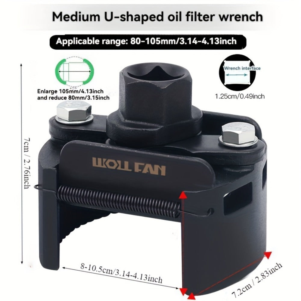 Adjustable Oil Filter Wrench – U-Shape Double Jaw Reversible Design, Hex Socket & Knob Control, Heavy-Duty Metal, Universal Fit for Car Engine Oil Filter Removal & Installation