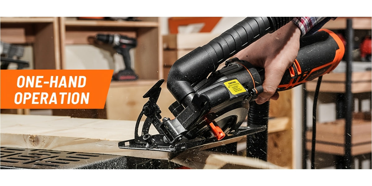 4.5 Inch Mini Compact Circular Saw with Laser Guide, Dual Metal Side Handle Stable Control, 5.2A 7000RPM Power Saw, 43mm Max Cutting Depth, 6 Extra Saw Blades Included, Cuts Wood, Plastic, Soft Metal, Tile. Perfect DIY Power Tool Gift