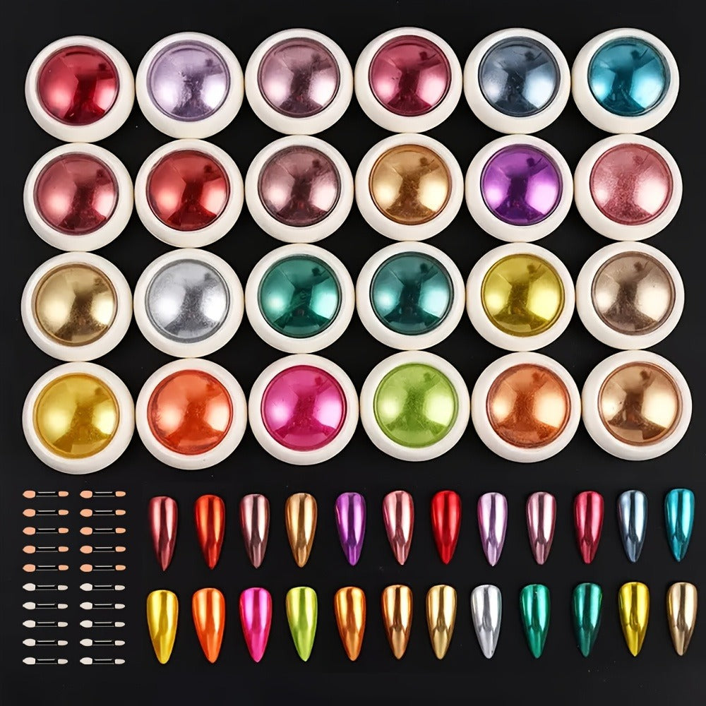 Chrome Nail Powder 24 Colors Set Holographic Mirror Effect Metallic Reflective Glitter Pigment for Gel Acrylic Nails DIY Manicure Art Decoration Non-Discoloring