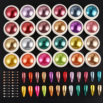 Chrome Nail Powder 24 Colors Set Holographic Mirror Effect Metallic Reflective Glitter Pigment for Gel Acrylic Nails DIY Manicure Art Decoration Non-Discoloring