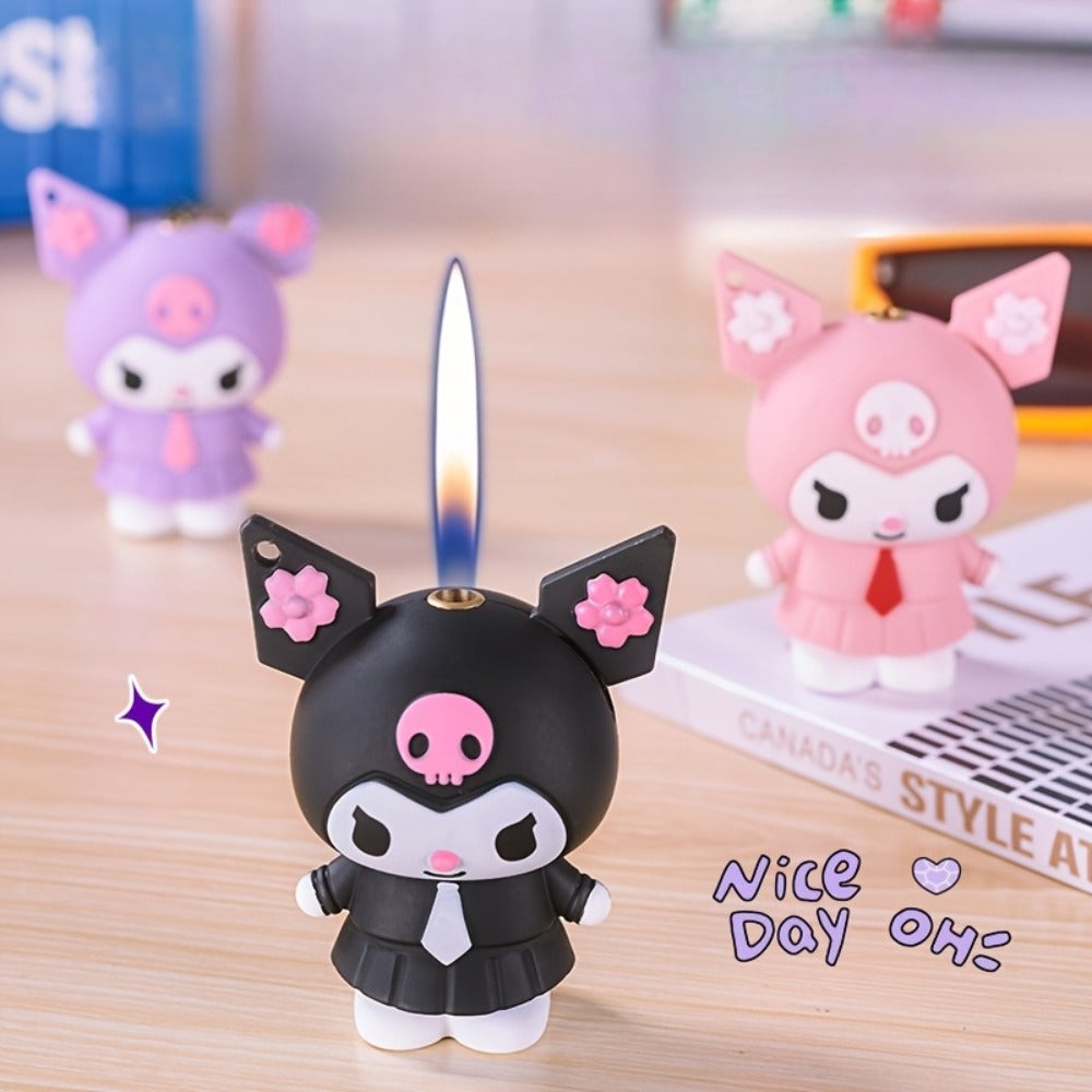 3D Kawaii Anime Figure Lighter with Chain, Cute Kuromi Sanrio Cartoon Open Flame Butane Lighter, Unique Kawaii Gift for Anime Fans, Available in 3 Colors – Black, Purple & Pink (No Butane Included)