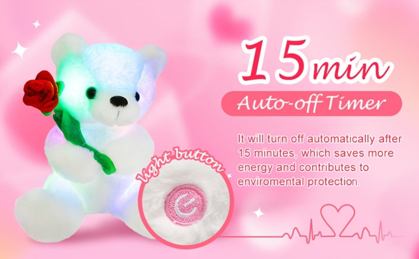 Rose Bear Plush with LED Light Glowing White Bear with Flowers Romantic Stuffed Animal Gift for Her Women Girls Girlfriend Mom Valentine's Day Mother's Day Birthday Anniversary