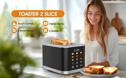Smart Digital Toaster 2 Slice with Touch Screen LCD Display, 6 Bread Types & 6 Shade Settings, Extra Wide Slots, Stainless Steel – Bagel, Cancel & Defrost Functions for Modern Kitchen