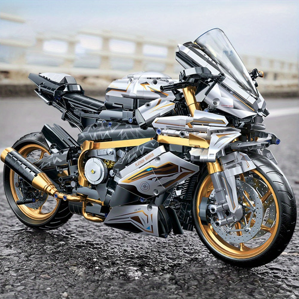 Motorcycle Building Blocks Model Kit 1:5 Scale 2000+ Pieces – Platinum Gold & White Collectible Brick Motorbike Display Set, Unique Gift for Men Adults Collectors Birthday Christmas (Premium Edition)