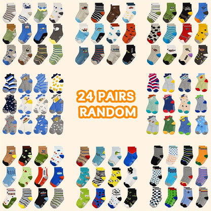 Kids' Assorted Non-Slip Crew Socks - 12/24-Pair Options