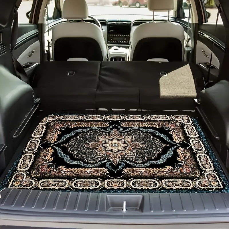 Fit Car Trunk Liner - Soft Dustproof Non-Slip Cargo Mat with Elegant Black & Golden Intricate Pattern, Durable Machine Washable Auto Interior Accessory, Nonslip Surface