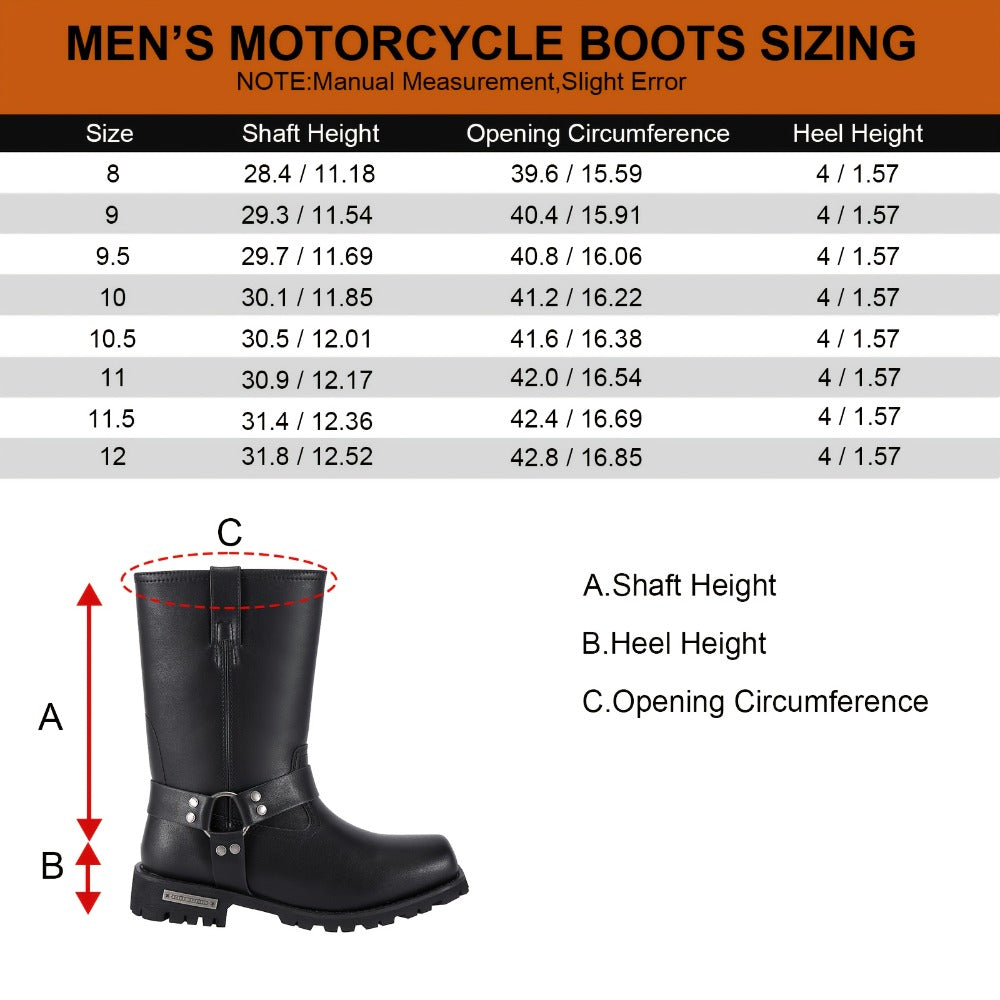 Men's Motorcycle Boots 11" Harness – PU Leather Non-Slip Square Toe Mid-Calf Biker Boots, Abrasion Resistant All-Season Riding Boots, Sizes US 8 to US 14, Black