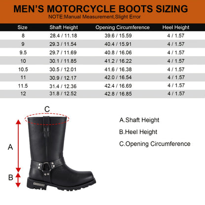 Men's Motorcycle Boots 11" Harness – PU Leather Non-Slip Square Toe Mid-Calf Biker Boots, Abrasion Resistant All-Season Riding Boots, Sizes US 8 to US 14, Black