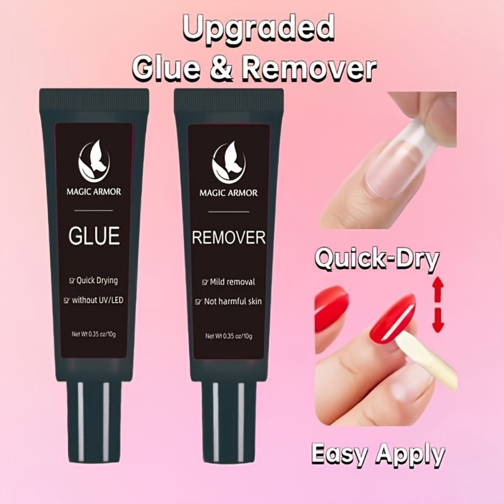 Press On Nail Glue with Remover Kit Super Strong 10g Clear Drying Adhesive for Acrylic False Nails Long Lasting Hold Nail Art Glue and Remover Set Salon Quality at Home