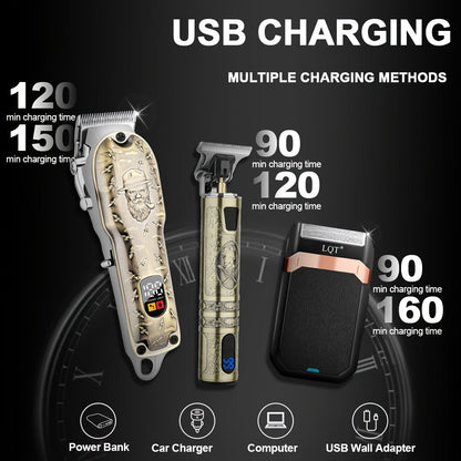 Electric Hair Clipper Set for Men - LQT USB Rechargeable 2000mAh with Engraving Scissors Metal Digital Display Cordless Barber Kit 2 3 4 Piece Home Salon Bronze Gift