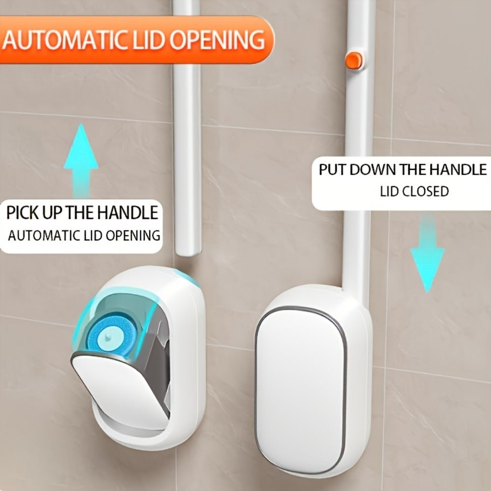 Disposable Toilet Brush & Holder Set with 6 Refill Wands – Wall Mounted, Pre-Loaded Scrubbing Solution, No-Touch Bathroom Cleaning Supplies, White
