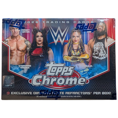 Topps Chrome WWE Blaster Box 2026 – 28 Cards | 3 Diamond Plate Parallels | 7 Inserts | WWE Superstars, Legends & Rookies | Factory Sealed Trading Card Box