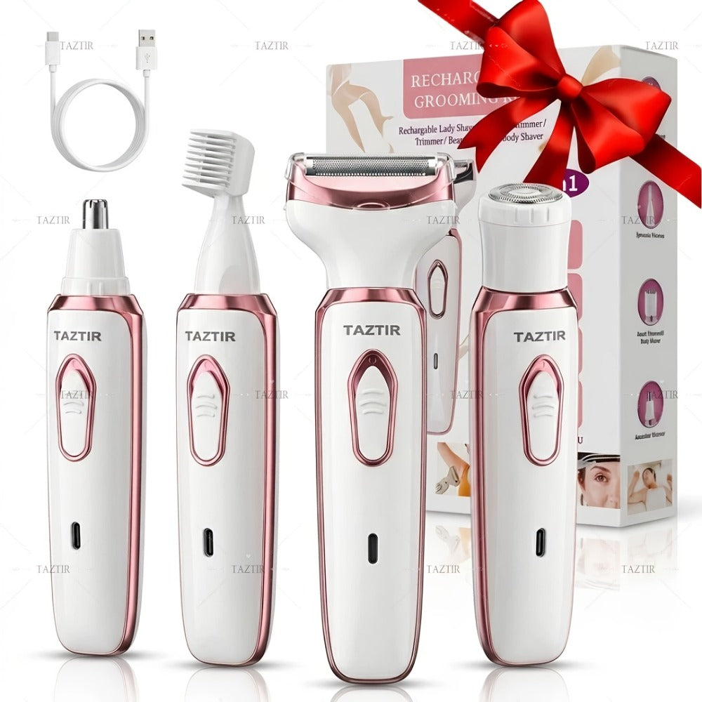 Electric Razor for Women 4-in-1 Rechargeable Lady Shaver Grooming Kit - Painless Wet Dry Hair Removal for Face Nose Legs Underarm Bikini Line Portable USB Rechargeable Gift Set