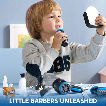 Kids Barbershop Pretend Play Kit 23pcs with Storage Box – Realistic Barber Role Play Toys with Shaver Scissors Hairdryer Comb – Educational Gift for Boys Girls Ages 3 4 5 6+