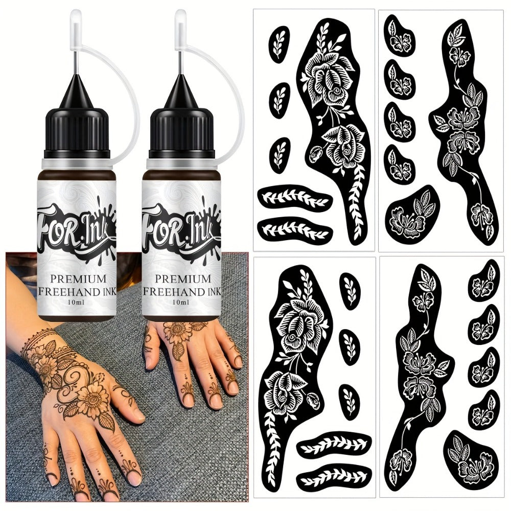 Tattoo Stencil Kit with Brown Paste Ink & Flash Spray – Pre-Cut Hollow Template DIY Freehand Henna Style Temporary Tattoo Body Art Designs 2-Pack No Machine No Electricity for Festivals Parties Gifts