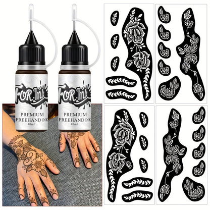 Tattoo Stencil Kit with Brown Paste Ink & Flash Spray – Pre-Cut Hollow Template DIY Freehand Henna Style Temporary Tattoo Body Art Designs 2-Pack No Machine No Electricity for Festivals Parties Gifts