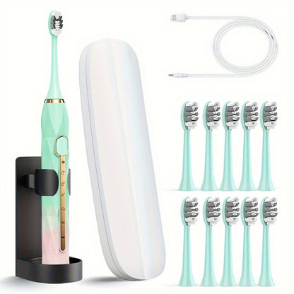 Sonic Electric Toothbrush IPX8 Waterproof USB Rechargeable with 10 Replacement Heads, Intelligent Timer, Travel Case & Charging Base – 5 Colors for Men & Women