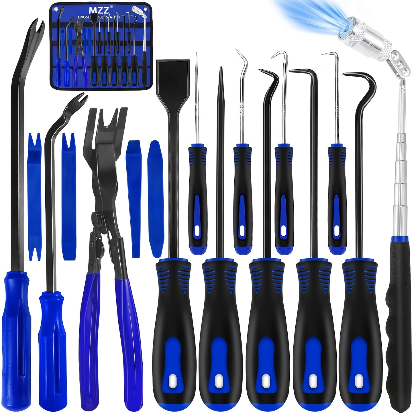17pcs Hook and Pick Tool Set with Scraper Auto Clip Removal Plier Fastener Remover Rivets Puller Mechanic Car Trim Removal Tool Kit Gasket Telescoping Magnetic Pickup Hand Automotive Tools (Blue)