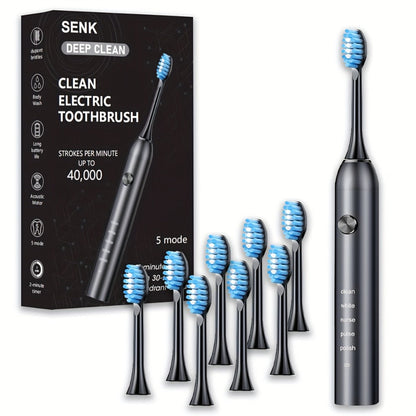 Sonic Electric Toothbrush – 5 Vibration Modes, Soft Bristle, Type-C Fast Charging, Waterproof, Deep Clean & Teeth Whitening Rechargeable Power Toothbrush for Men & Women, 4 or 8 Brush Heads