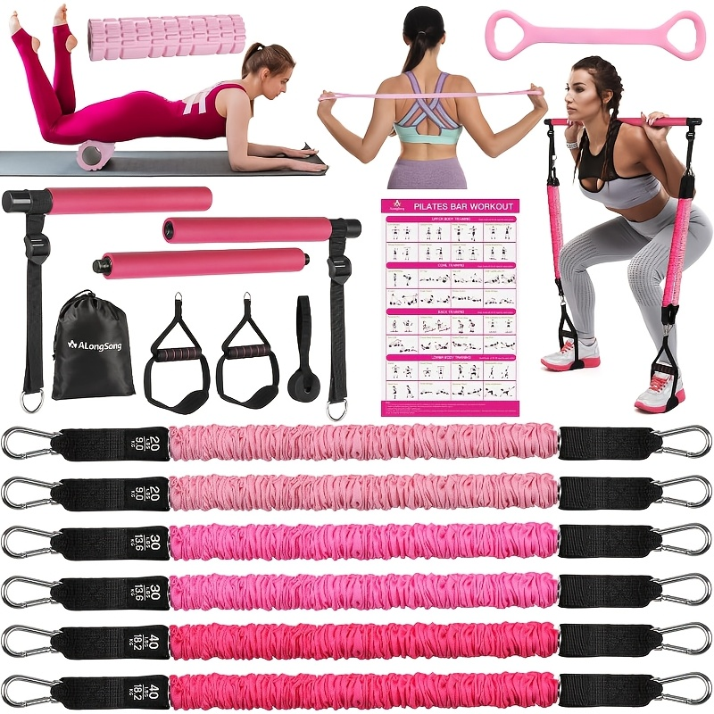 Natural Latex Pilates Bar Kit with Resistance Bands 20-360 lbs – Stainless Steel Handle, Adjustable Length for 5'3"-6'2", Full Body Home Gym Workout for Women & Men