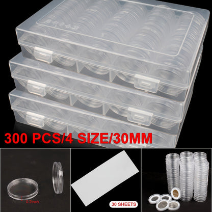 Clear Coin Capsules 300PCS with Adjustable EVA Foam Gaskets – Plastic Round Coin Holders for Collectors, Dollar Coin Protectors, Storage Box Included