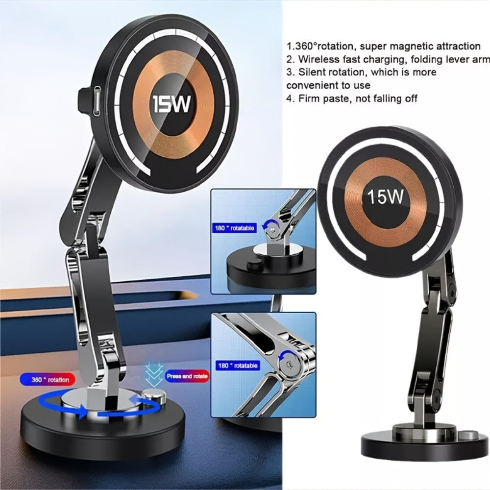 Magnetic Car Phone Mount 15W Wireless Charging – 360° Rotation, Foldable Stand, Super Magnetic Grip, Universal Fit for iPhone 12+ & Android Smartphones, No Battery Required