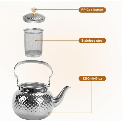 Hammered Tea Kettle Stainless Steel – 40.58oz Stovetop Teapot with Strainer for Loose Leaf Tea, Coffee & Milk, Classic Hammered Design, Outdoor & Travel Friendly, Premium Tea Gift – Gold, Silver