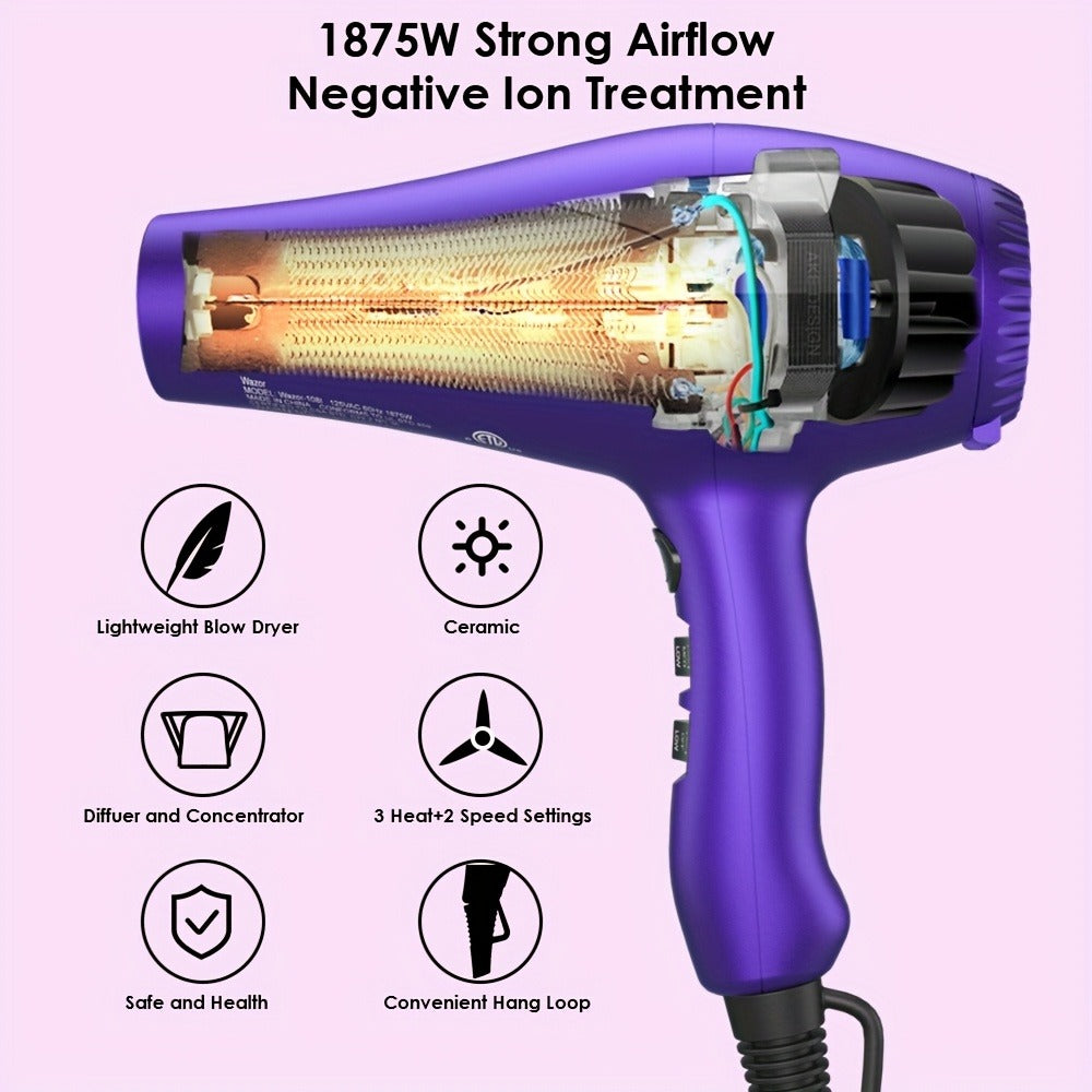 Lightweight Low Noise Ionic Hair Dryer 1875W Ceramic Negative Ion - 3rd Gen Blow Dryer 2 Speed 3 Heat Cool Shot Diffuser Concentrator Comb for Women Purple
