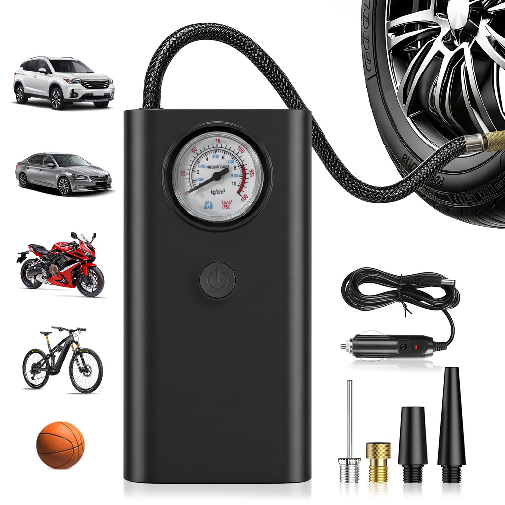 Portable Tire Inflator - 150PSI Air Compressor with Preset Pressure Auto-Stop, USB-C Fast Charge And LED Light, Multi-Mode for Car, Moto, Bike, Ball, Air Pump Ideal for Car