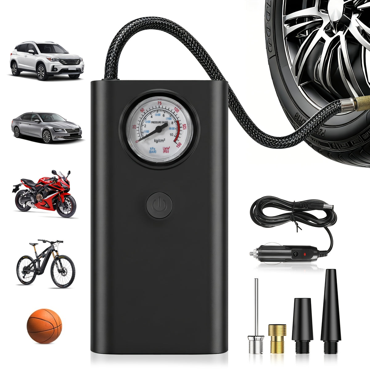 Portable Tire Inflator - 150PSI Air Compressor with Preset Pressure Auto-Stop, USB-C Fast Charge And LED Light, Multi-Mode for Car, Moto, Bike, Ball, Air Pump Ideal for Car
