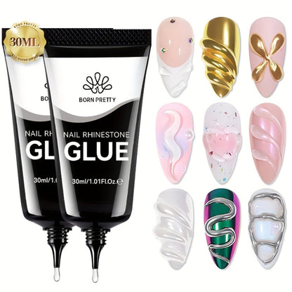 Rhinestone Glue Gel 2pcs Strong Bond 1.01oz Each – Professional Nail Charm Adhesive for 3D Gems, Crystals & Bling Decorations, Long-Lasting Water-Resistant Clear Gel Formula for DIY & Salon Nail Art