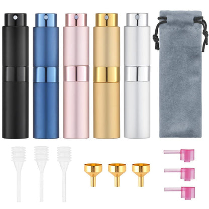 Refillable Perfume Atomizer Travel 5 Pack – 8ml Mini Cologne Sprayer Bottles with Cap-Free Twist Design, Leak-Proof Aluminum & Glass Portable Pocket Perfume Dispenser in 5 Colors for Women & Men