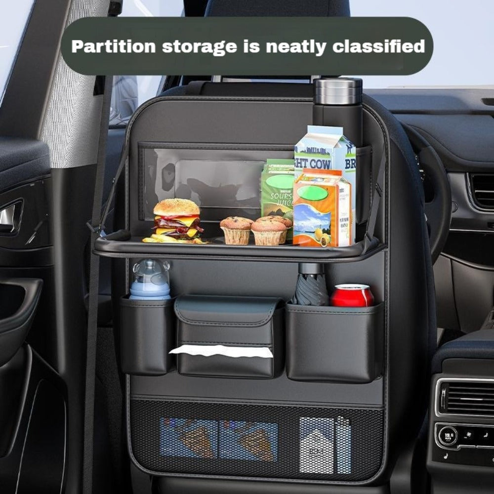Faux Leather Car Seat Back Organizer with Foldable Table & Tablet Stand – Seat Backrest Protection Pad, Car Interior Organizer | Black, Gray, Brown (1 or 2 Pack)