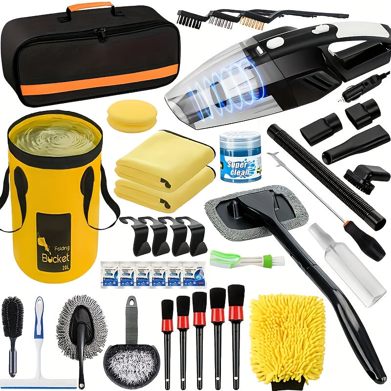 19pcs/41pcs Car Cleaning Wash Interior Detailing Cleaner with High Power Handheld Vacuum, Collapsible Bucket, Windshield Tool, Clean Snow Shovel, Tire Brush, Complete Car Care Tools