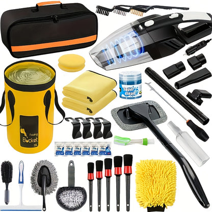 19pcs/41pcs Car Cleaning Wash Interior Detailing Cleaner With High Power Handheld Vacuum, Collapsible Bucket, Windshield Tool, Clean Gel, Snow Shovel, Tire Brush, Effervescent Tablet, Complete Car Care Tools