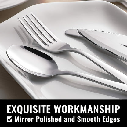 Stainless Steel Flatware Set 24/48 Piece with Steak Knives, Mirror Polished Silverware Set for 4/8, Dishwasher Safe Cutlery Utensil Set with Forks Spoons Knives, Perfect for Weddings, Gifts & Outdoor Dining