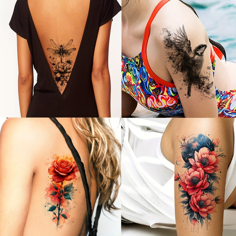 Watercolor Temporary Tattoos 24 Sheets for Women & Kids – Large Realistic Fake Tattoo Stickers Flower & Animal Designs Long Lasting Body Art Half Arm Tattoos