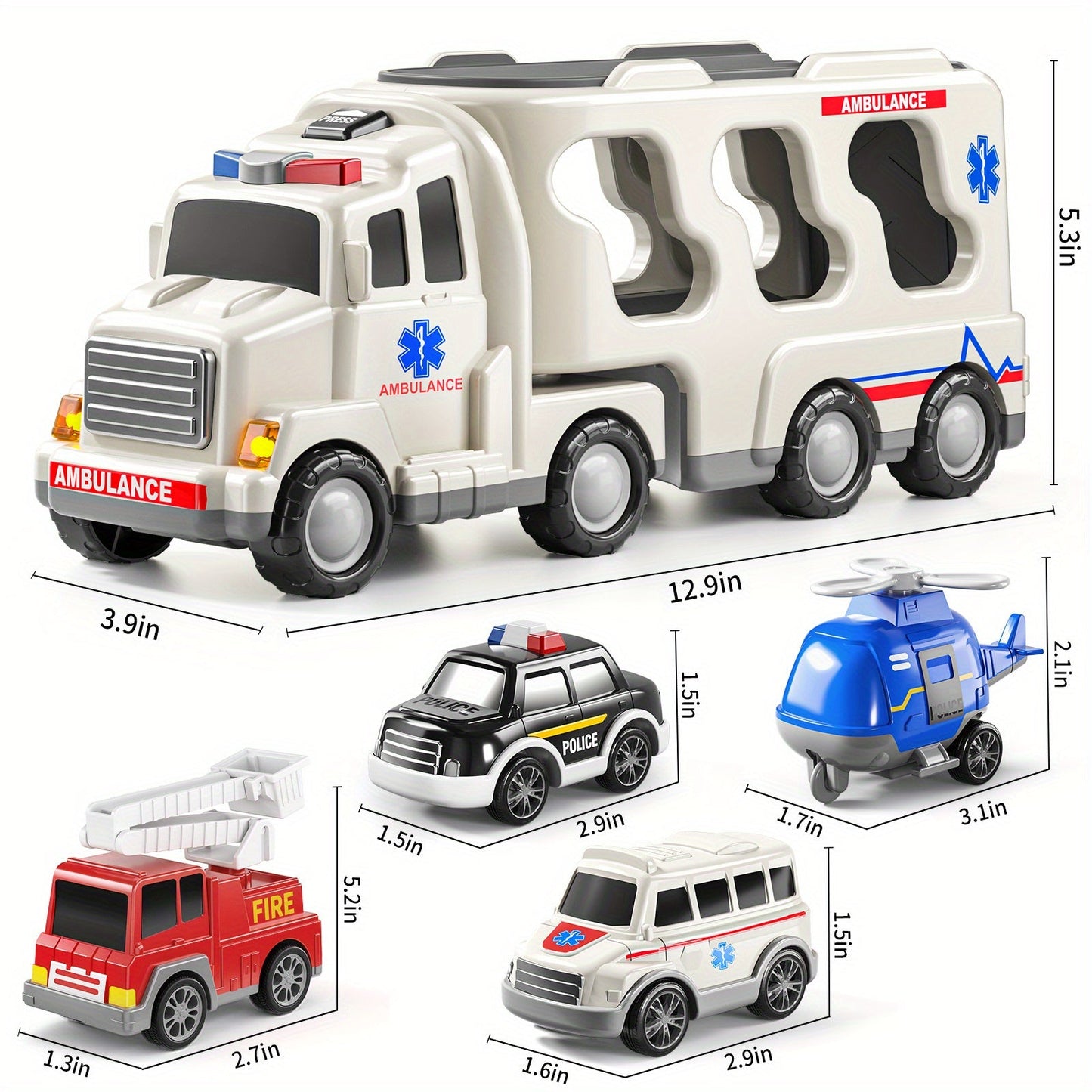 Ambulance Truck Toy 5-in-1 Carrier Set with Lights & Sounds – Friction Power Emergency Vehicle Playset for Kids Boys Ages 3+, Birthday Gift