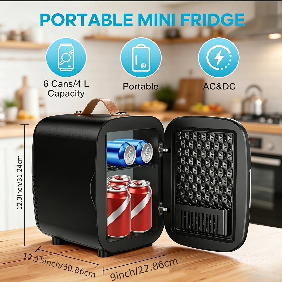 Portable 1.06gal Mini Fridge, Ultra-Thin, Semiconductor Cooling, Ultra-Quiet& Low Energy, Supports 110V AC/ 12V DC, Fits 6 Cans for Bedroom, Skincare, Drinks, Dorm& Car