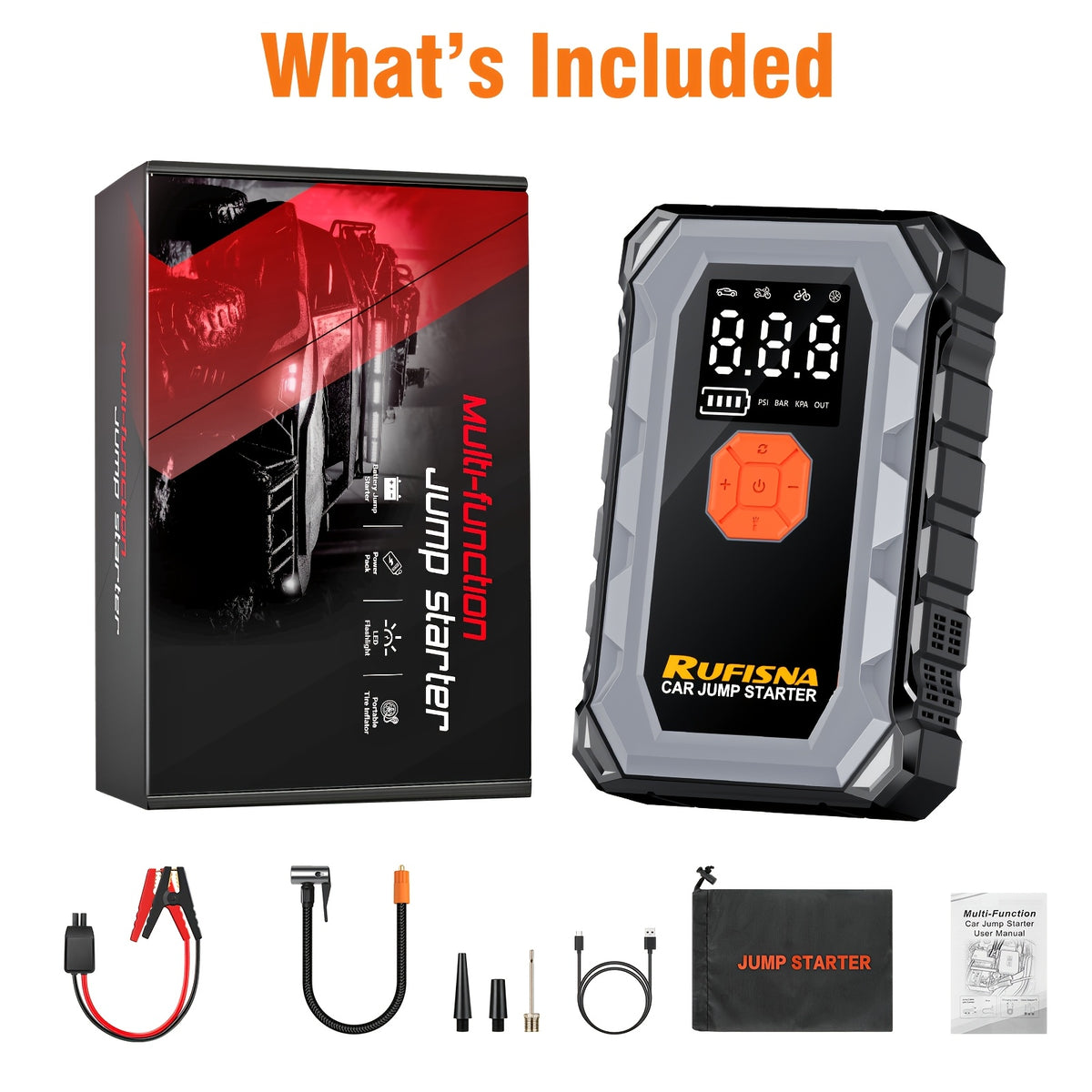 15000A-18000A Peak Jump Starter with Air Compressor, 12V Car Battery Charger, 150 PSI Fast Tire Inflator, All-in-One Emergency Power Bank, LED Flashlight, USB Output, Heavy Duty Jump Starter for Gas & Diesel Cars, SUV, Truck, Roadside Rescue Kit.