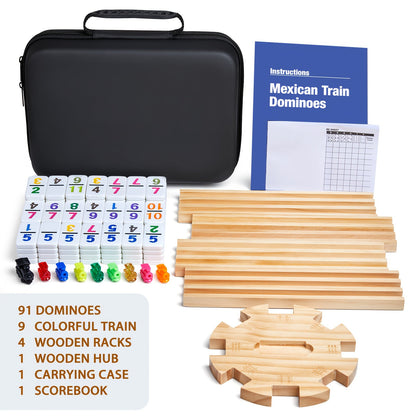 Mexican Train Dominoes Double 12 Set – 91 Colorful Tiles, 9 Metal Trains & 4 Wooden Racks, Complete Strategy Board Game with EVA Travel Case for Family Game Night, Adults & Kids, Classic Christmas & Holiday Gift