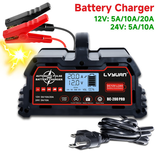 LVYUAN US Plug 12V20A 24V10A Battery Charger (Not Car Jump Starter), LiFePO4 Lead Acid Portable Car Battery Charger 8-Stage Trickle Charger Smart Battery Maintainer W/Temp Compensation For Car Truck Motorcycle And Boat Batteries Car Accessories, Without B