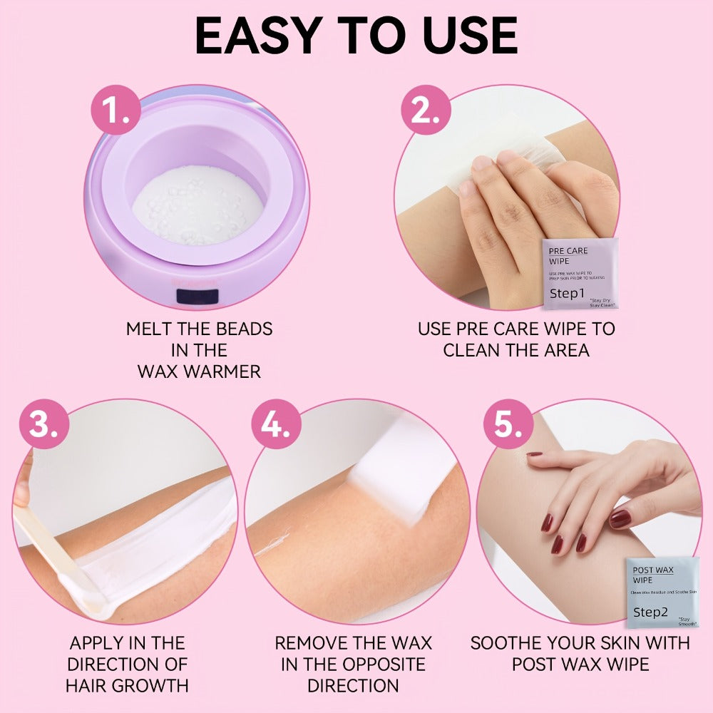Wax Hair Removal Kit Digital Wax Pot with 6 Wax Bead Packets — Smart Temperature Control Salon-Grade Waxing Set for Body Bikini Face Legs Underarms, At-Home Waxing for Women & Men, Purple & White