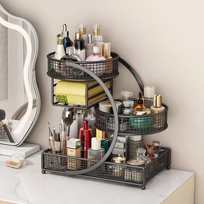 3-Tier Metal Cosmetic Organizer with Tissue Box Holder No-Installation Countertop Makeup Skincare Storage Rack for Bathroom Dresser Vanity Table Black White