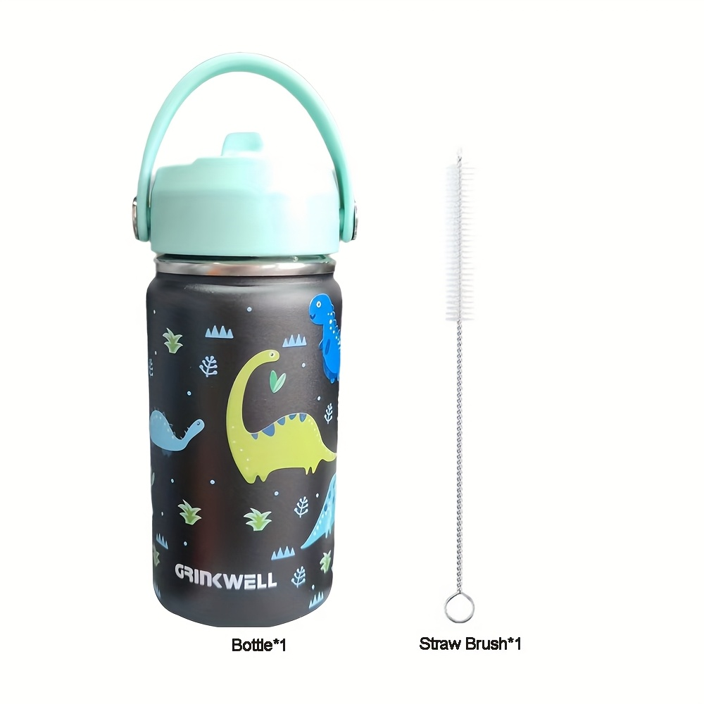 Insulated Stainless Steel Water Cup with Straw | 12oz 340ml, 3D Cartoon Pattern, Double Wall, Handle & Straw Brush – Travel, School & Outdoor